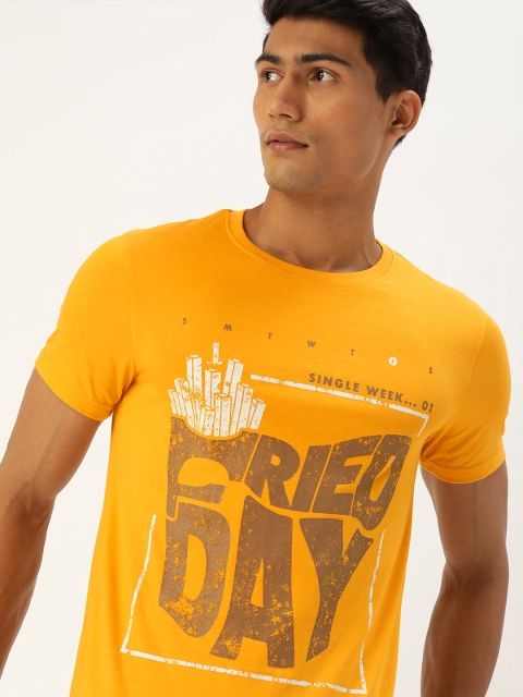 

SINGLE Men Mustard Yellow Brown Typography Print Slim Fit Pure Cotton T-shirt