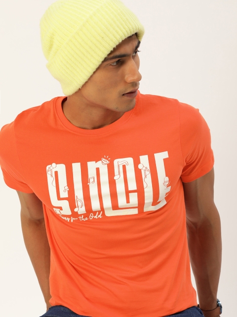 

SINGLE Men Orange White Pure Cotton Brand Logo Print Slim Fit Pure Cotton T-shirt