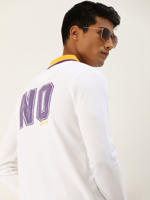 

SINGLE Men White Typography Printed Polo Collar Slim Fit T-shirt