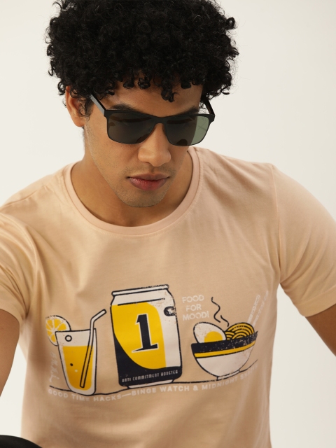 

SINGLE Men Beige Solid Round Neck Slim Fit T-shirt With Yellow Graphic Pattern