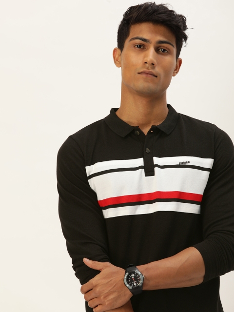 

SINGLE Men Black Colourblocked Brand Logo Pure Cotton Slim Fit T-shirt