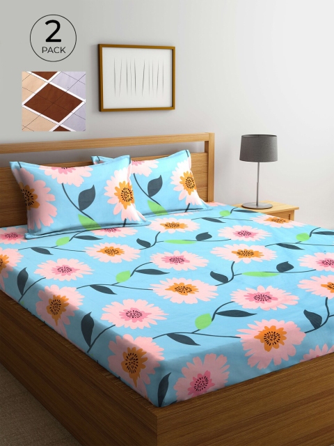

KLOTTHE Blue & Pink Floral 210 TC 2 King Bedsheet with 4 Pillow Covers