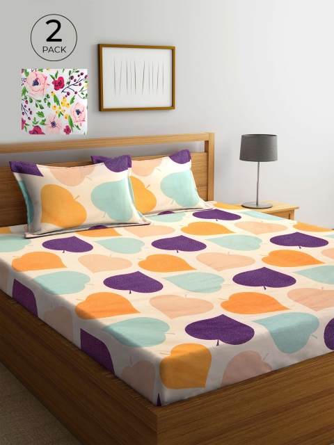 

KLOTTHE White & Peach-Coloured 210 TC 2 King Bedsheet with 4 Pillow Covers