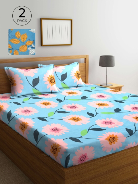 

KLOTTHE Blue & Turquoise Blue Floral 210 TC 2 King Bedsheet with 4 Pillow Covers