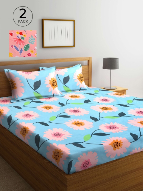 

KLOTTHE Blue & Pink Floral 210 TC 2 King Bedsheet with 4 Pillow Covers