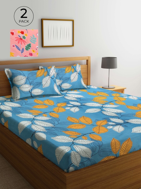 

KLOTTHE Peach-Coloured & Blue Floral 210 TC 2 King Bedsheet with 4 Pillow Covers