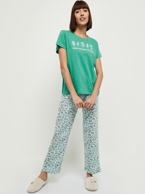

max Women Sea Green & White Printed Night suit