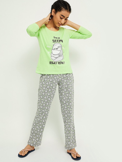 

max Women Green & Grey Printed Night Suit