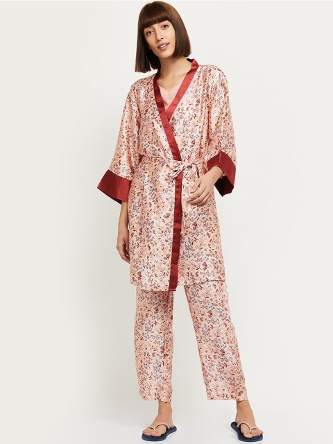 

max Women Peach-Coloured & Maroon Floral Printed Night suit
