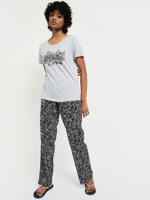 

max Women Grey Melange Printed Night suit