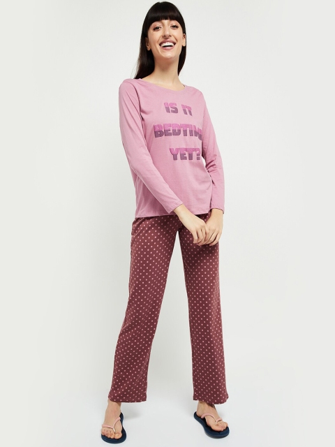 

max Women Pink & Brown Polka Dots Printed Night suit