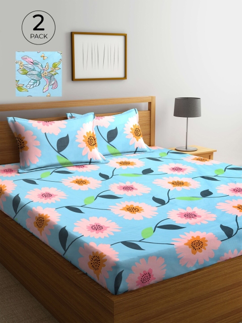 

KLOTTHE Blue & Pink Floral 210 TC 2 King Bedsheet with 4 Pillow Covers