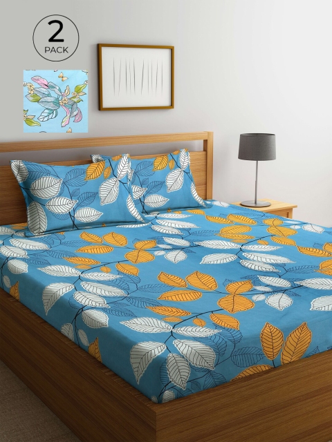 

KLOTTHE Blue & Orange Floral 210 TC 2 King Bedsheet with 4 Pillow Covers