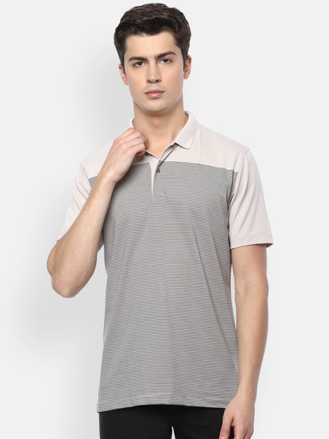 

Van Heusen Men Grey Striped Polo Collar Monochrome Pockets T-shirt