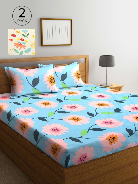 

KLOTTHE Blue & Yellow Floral 210 TC 2 King Bedsheet with 4 Pillow Covers