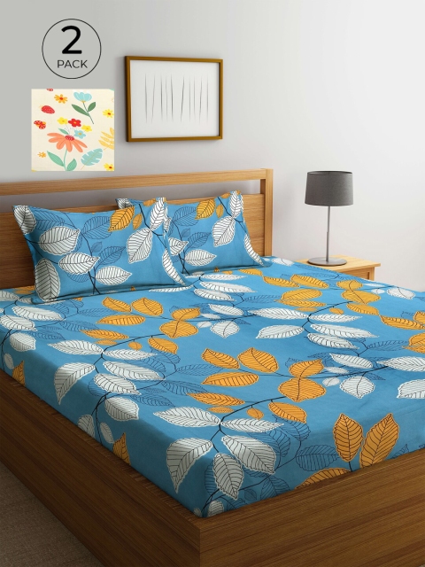 

KLOTTHE Blue & Yellow Floral 210 TC 2 King Bedsheet with 4 Pillow Covers