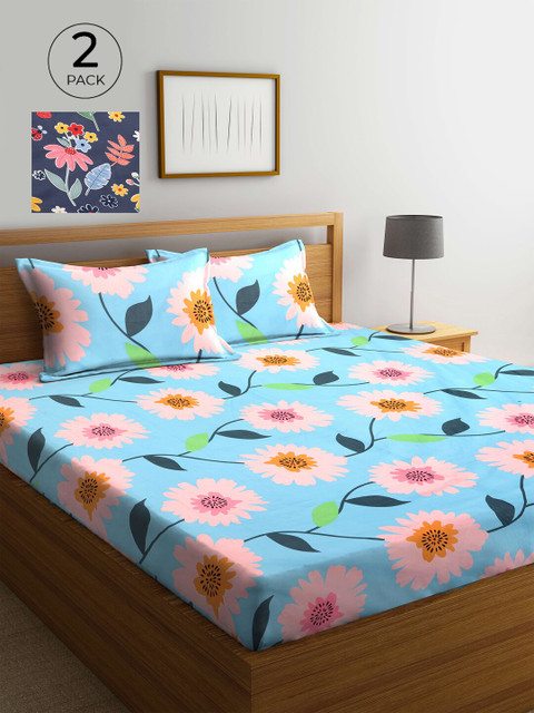 

KLOTTHE Blue & Pink Floral 210 TC 2 King Bedsheet with 4 Pillow Covers