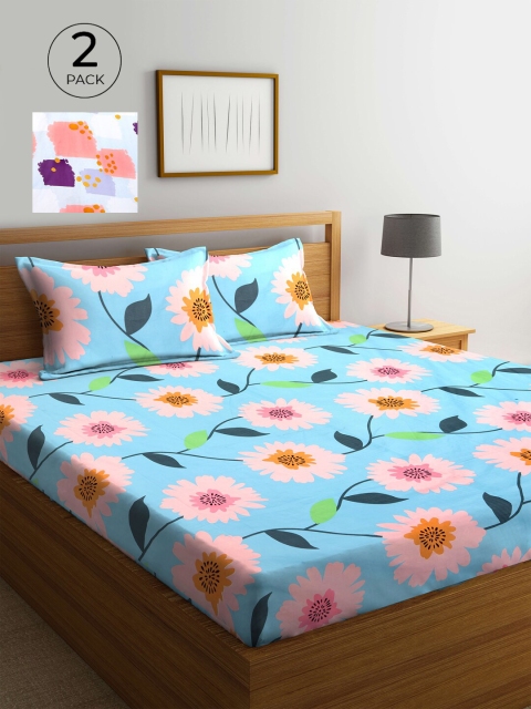 

KLOTTHE Blue & Multi Floral 210 TC 2 King Bedsheet with 4 Pillow Covers