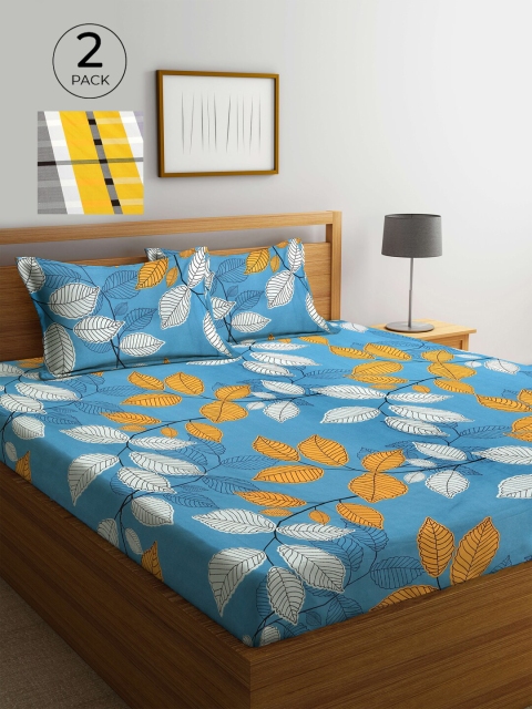 

KLOTTHE Yellow & Blue Floral 210 TC 2 King Bedsheet with 4 Pillow Covers