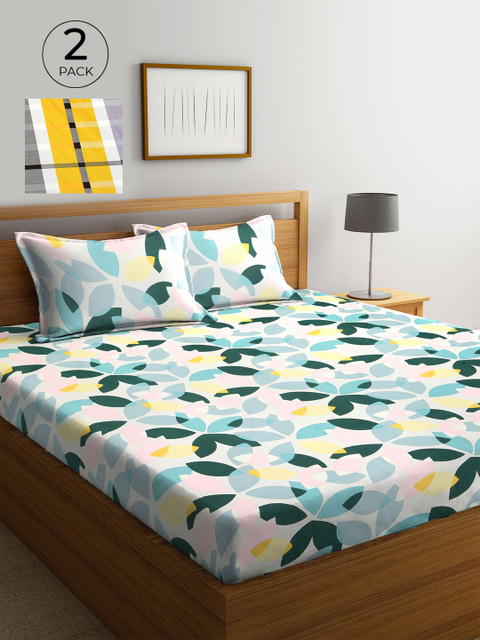 

KLOTTHE Yellow & Grey Floral 210 TC 2 King Bedsheet with 4 Pillow Covers
