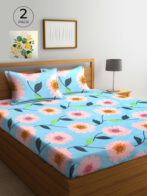 

KLOTTHE Blue & Pink Floral 210 TC 2 King Bedsheet with 4 Pillow Covers