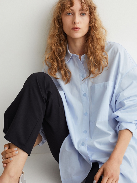 H&M Women Blue Solid Oversized Pure Cotton Shirt