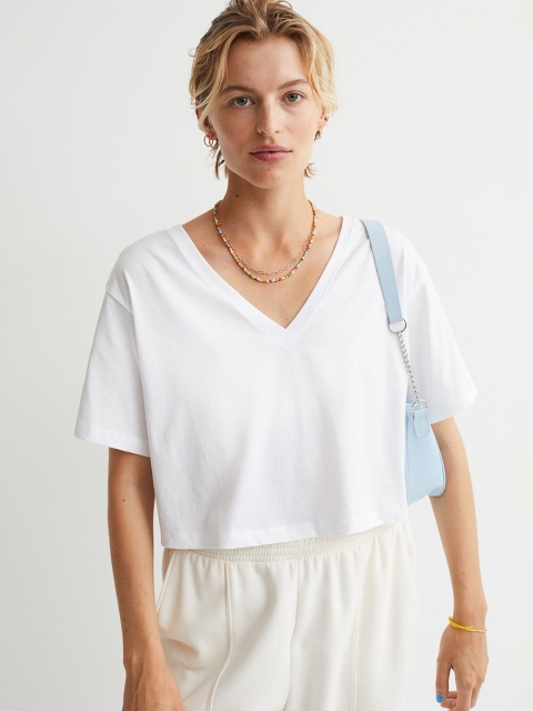 

HM Women White Cropped Pure Cotton T-shirt