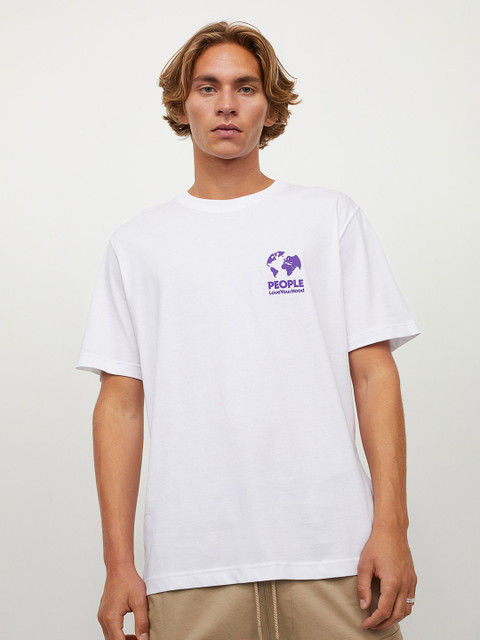 

HM Men White Purple Printed Pure Cotton T-shirt
