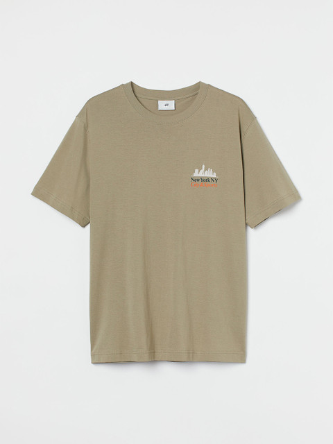 

HM Men Green White Regular Fit Printed Pure Cotton T-shirt, Olive