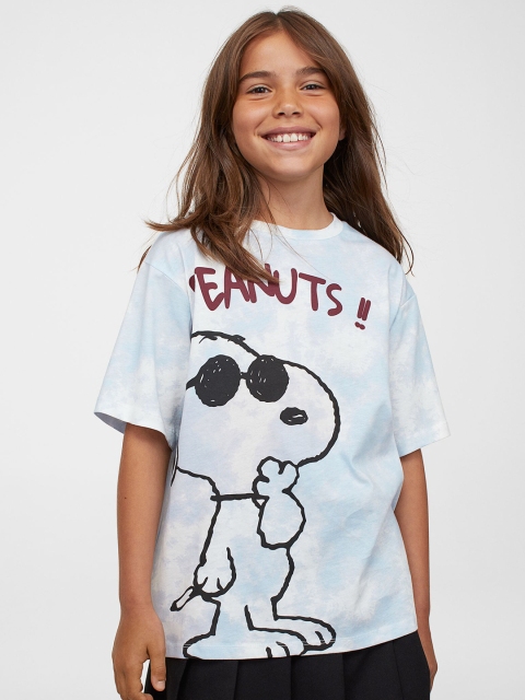 

H&M Girls White & Blue Snoopy Printed Pure Cotton Oversized T-shirt
