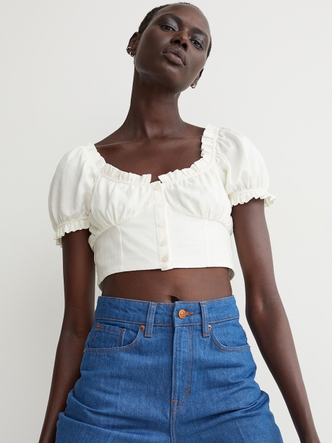 

H&M White Solid Puff Sleeves Smocked Cropped Blouse