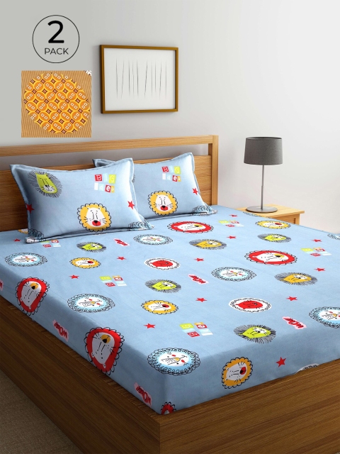 

KLOTTHE Blue & Mustard Yellow Printed 210 TC 2 King Bedsheet with 4 Pillow Covers