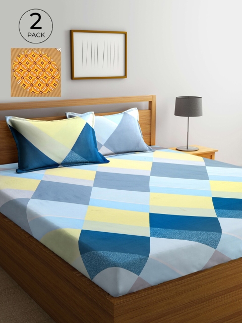 

KLOTTHE Blue & Mustard Yellow Geometric 210 TC 2 King Bedsheet with 4 Pillow Covers