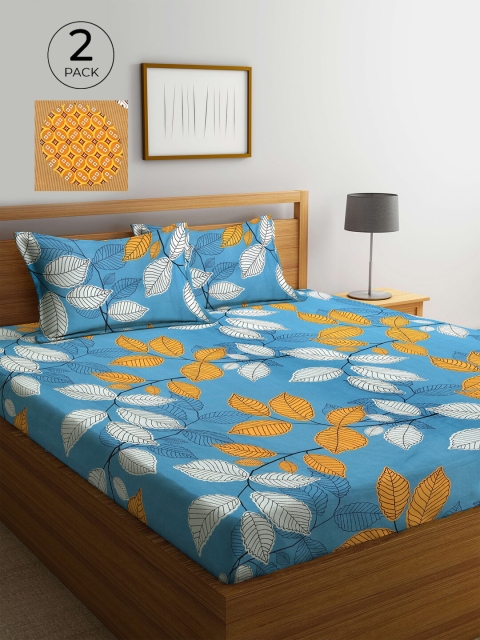 

KLOTTHE Blue & Mustard Yellow Printed 210 TC 2 King Bedsheet with 4 Pillow Covers