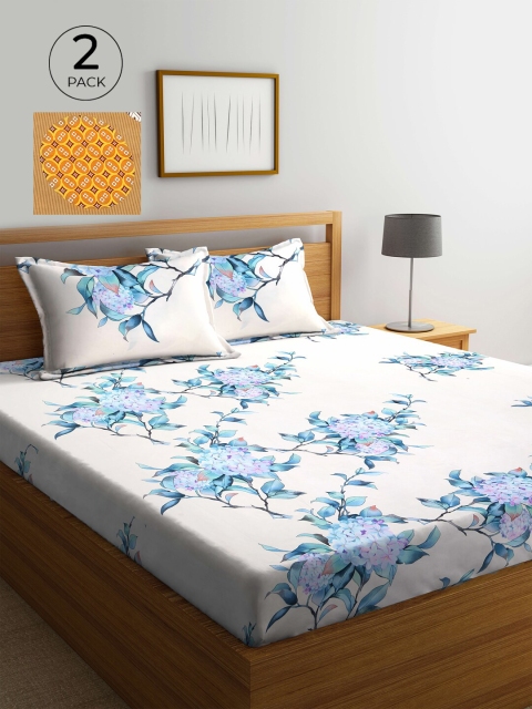 

KLOTTHE Cream & Mustard Yellow Printed 210 TC 2 King Bedsheet with 4 Pillow Covers