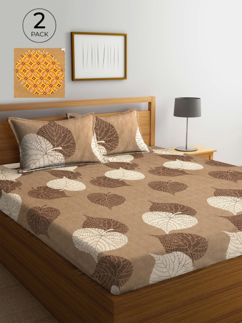 

KLOTTHE Brown & Mustard Yellow Printed 210 TC 2 King Bedsheet with 4 Pillow Covers