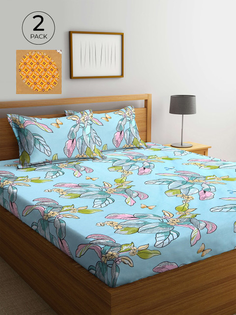 

KLOTTHE Blue & Mustard Yellow Printed 210 TC 2 King Bedsheet with 4 Pillow Covers