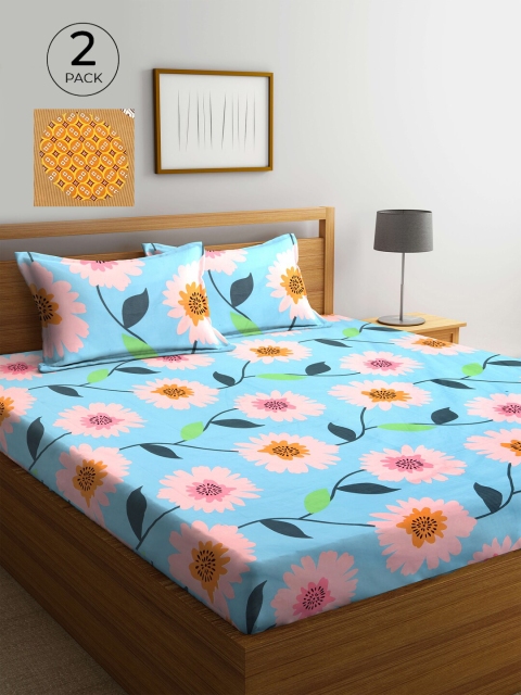 

KLOTTHE Blue & Mustard Yellow Printed 210 TC 2 King Bedsheet with 4 Pillow Covers