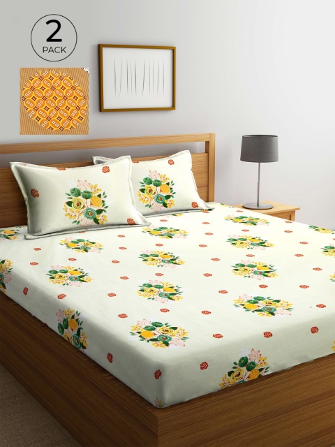 

KLOTTHE Cream & Mustard Yellow Printed 210 TC 2 King Bedsheet with 4 Pillow Covers