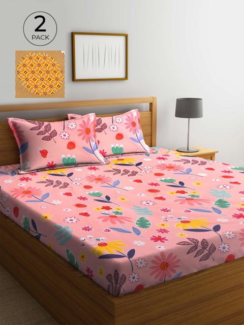 

KLOTTHE Pink & Mustard Yellow Printed 210 TC 2 King Bedsheet with 4 Pillow Covers