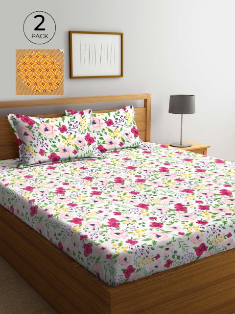 

KLOTTHE Cream & Mustard Yellow Printed 210 TC 2 King Bedsheet with 4 Pillow Covers