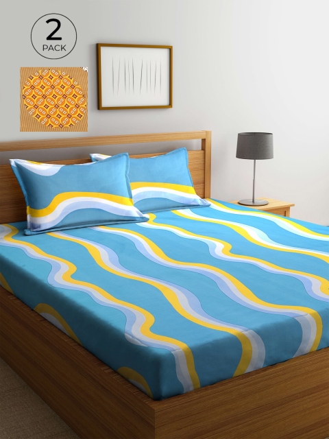 

KLOTTHE Blue & Mustard Yellow Printed 210 TC 2 King Bedsheet with 4 Pillow Covers