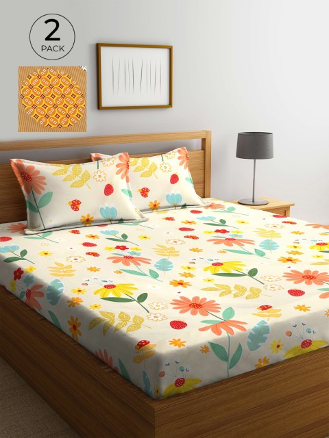 

KLOTTHE Cream & Mustard Yellow Printed 210 TC 2 King Bedsheet with 4 Pillow Covers