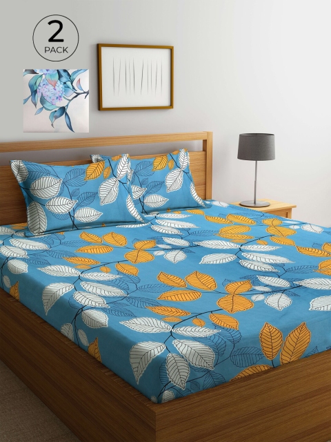 

KLOTTHE White & Blue Floral 210 TC 2 King Bedsheet with 4 Pillow Covers