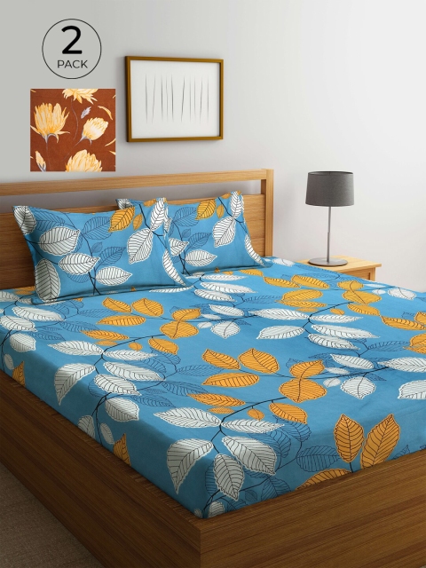 

KLOTTHE Turquoise Blue & White Floral 210 TC 2 King Bedsheet with 4 Pillow Covers
