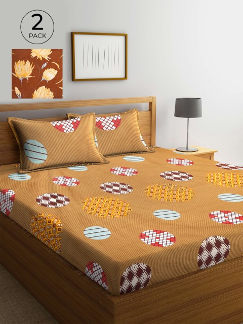 

KLOTTHE Brown & Yellow Geometric 210 TC 2 King Bedsheet with 4 Pillow Covers