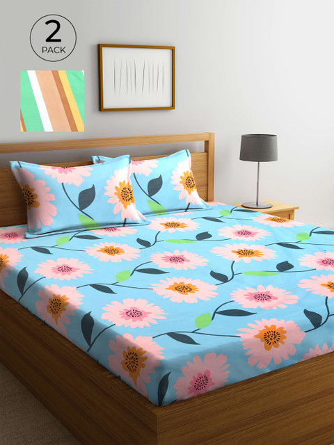 

KLOTTHE Blue Floral 210 TC Polycotton 2 Double Bedsheet with 4 Pillow Covers