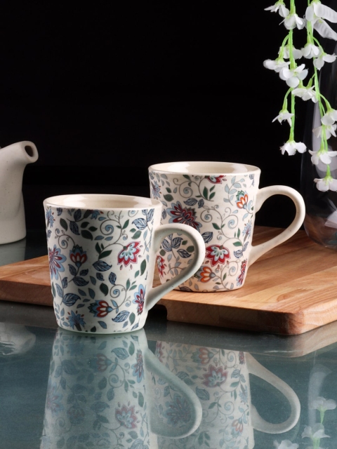 

INCRIZMA Beige & Green Set of 2 Handcrafted Printed Ceramic Glossy Cups