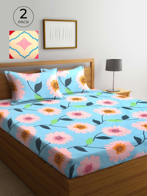 

KLOTTHE Blue & Peach-Coloured Floral 210 TC 2 King Bedsheet with 4 Pillow Covers
