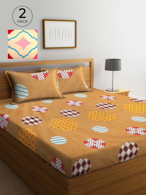 

KLOTTHE Brown & Cream-Coloured Geometric 210 TC 2 King Bedsheet with 4 Pillow Covers